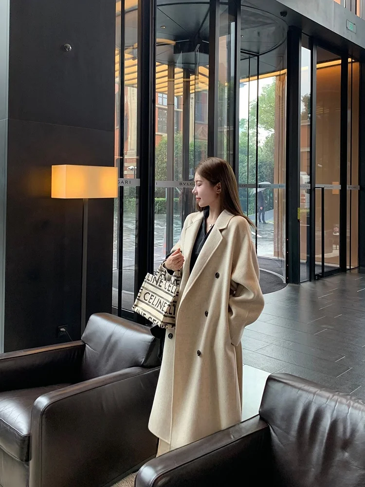 

Classic Women's Woolen Coat Heydle Double-Faced Woolen Outerwear Long Sve Mid-Length Thiened Winter Faion Commute