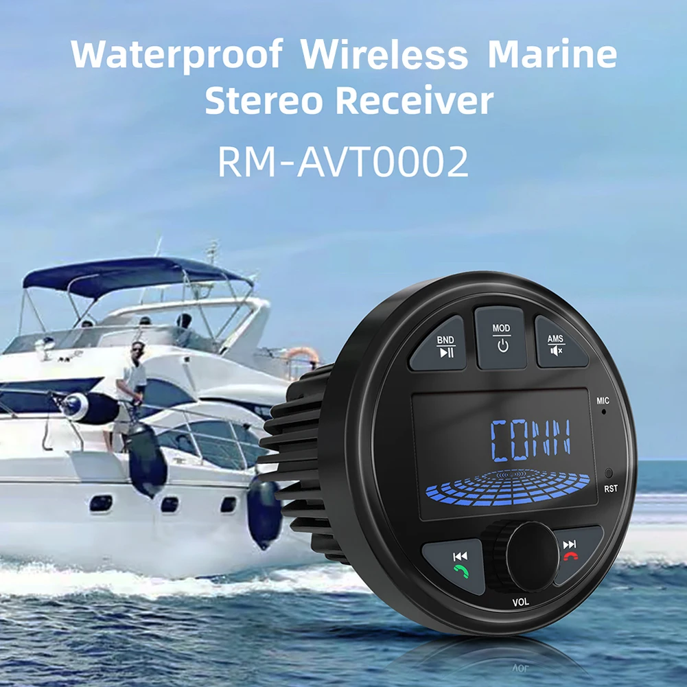 Marine Stereo Boat Radio with LCD Screen Round MP3 Player IPX6 Waterproof BT Digital Media Radio for Yacht ATV UTV RV Golf Cart