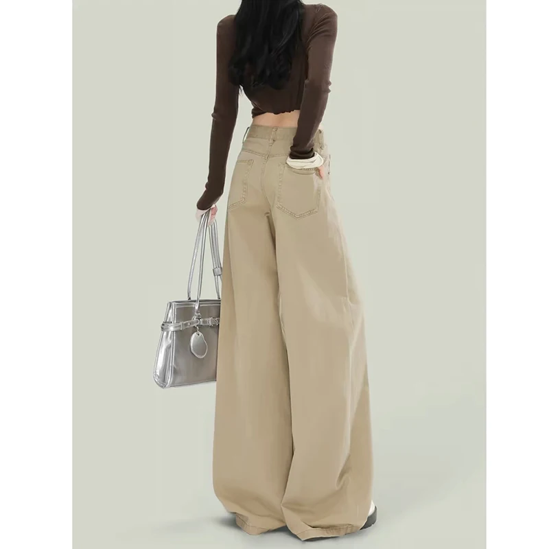 Khaki Wide Leg Denim Jeans Loose Drapey Lazy Versatile Floor-Length Pants for Pear Shaped Body Autumn 2026 New Style American...