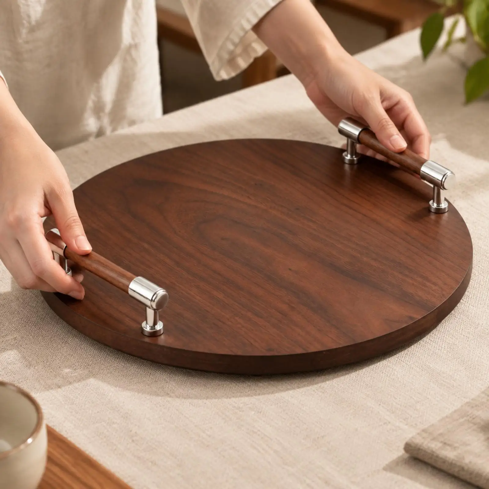 Round Wooden Tray with Two Handles for Serving Tea Coffee Storage Tray for Bathroom Vanity Decor Elegant Table Accent