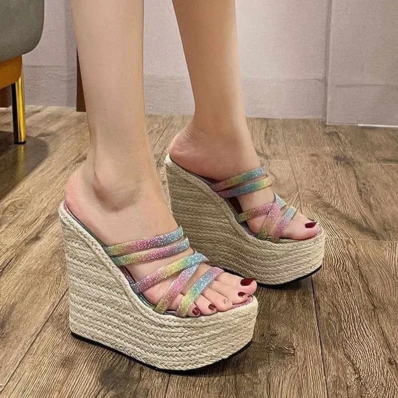 TIMETANGNew Women Pumps Sequin Design Extreme High Heels Casual Wedges Slippers Ladies Braided Hemp Rope Beach Sandals Platform