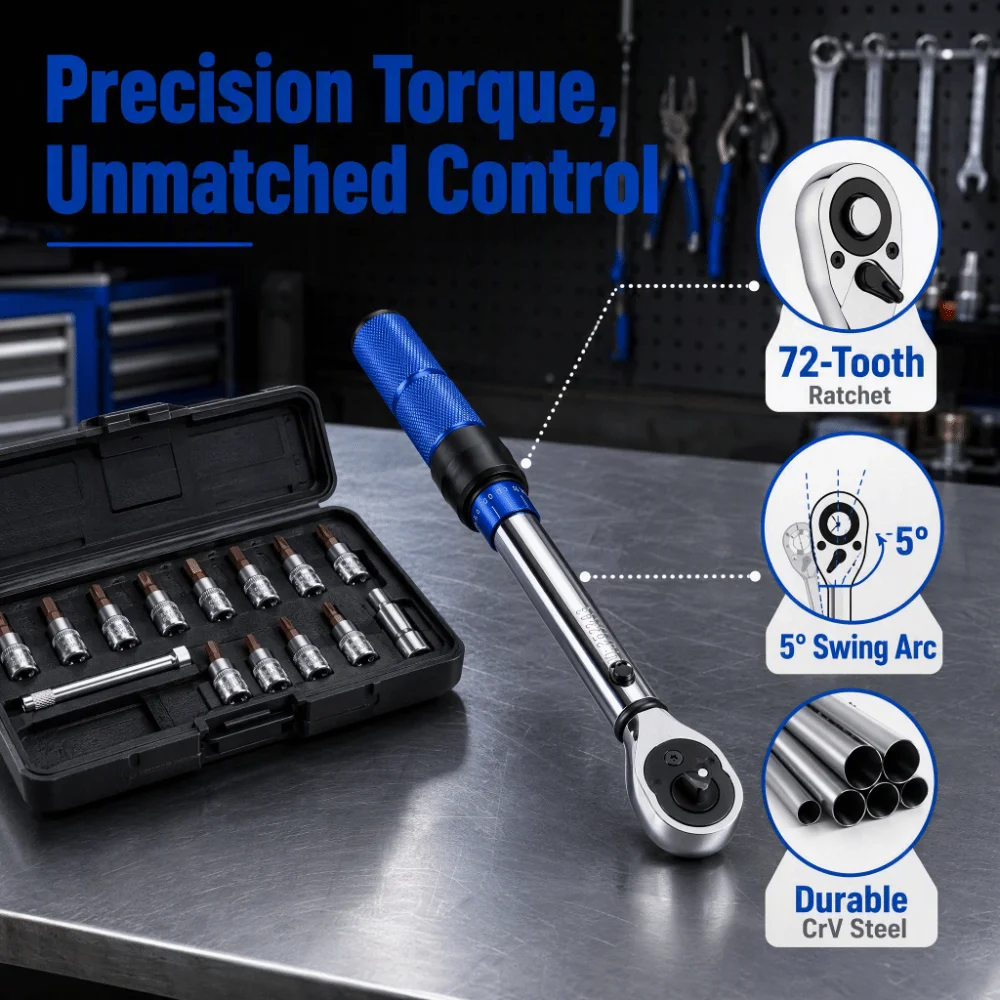 Full Accessories 1/4 Inch Click Torque Wrench CrV Steel Adjustable Torque Wrench Durable Torque Wrench Kit
