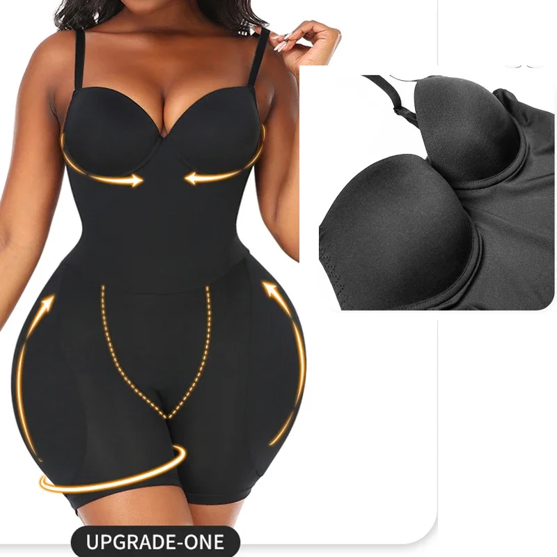 GUUDIA Removable Hip Padded 3D Cup Open Crotch Row Hook Buckle Back Hip Butt Lifter Tummy Control Women Body Shaper Bodysuits