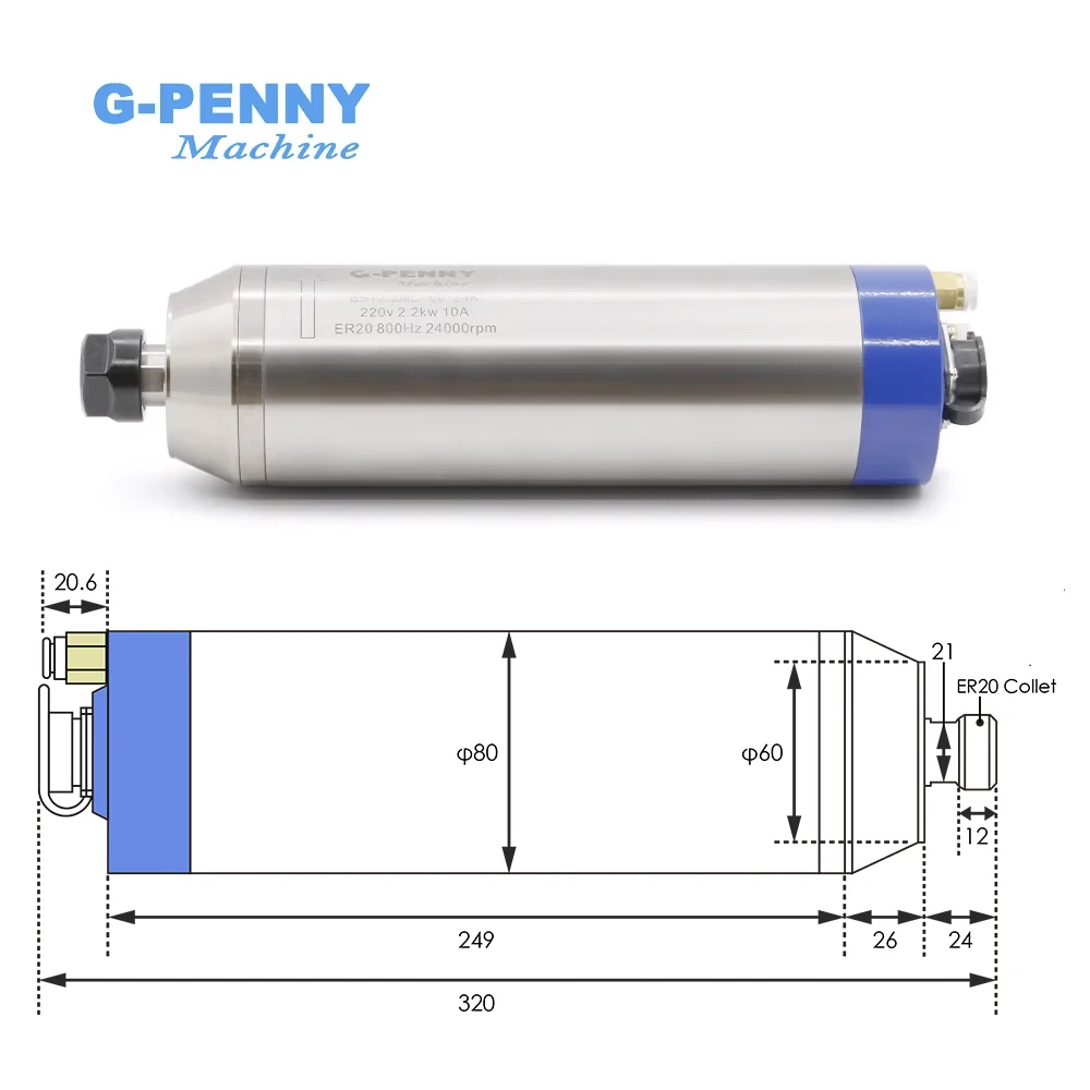 G-Penny 2.2kw ER20 Metal Spindle Water Cooled Spindle Motor 800Hz Pole=4 D=80mm 6000-12000rpm for copper,iron,stainless steel