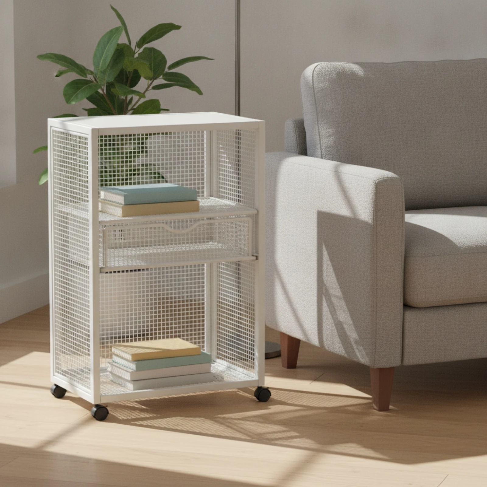 Metal Rolling Storage Cart White Finish Grid-Mesh Rolling Cart with Drawer Multipurpose Large Capacity for Reading Nook