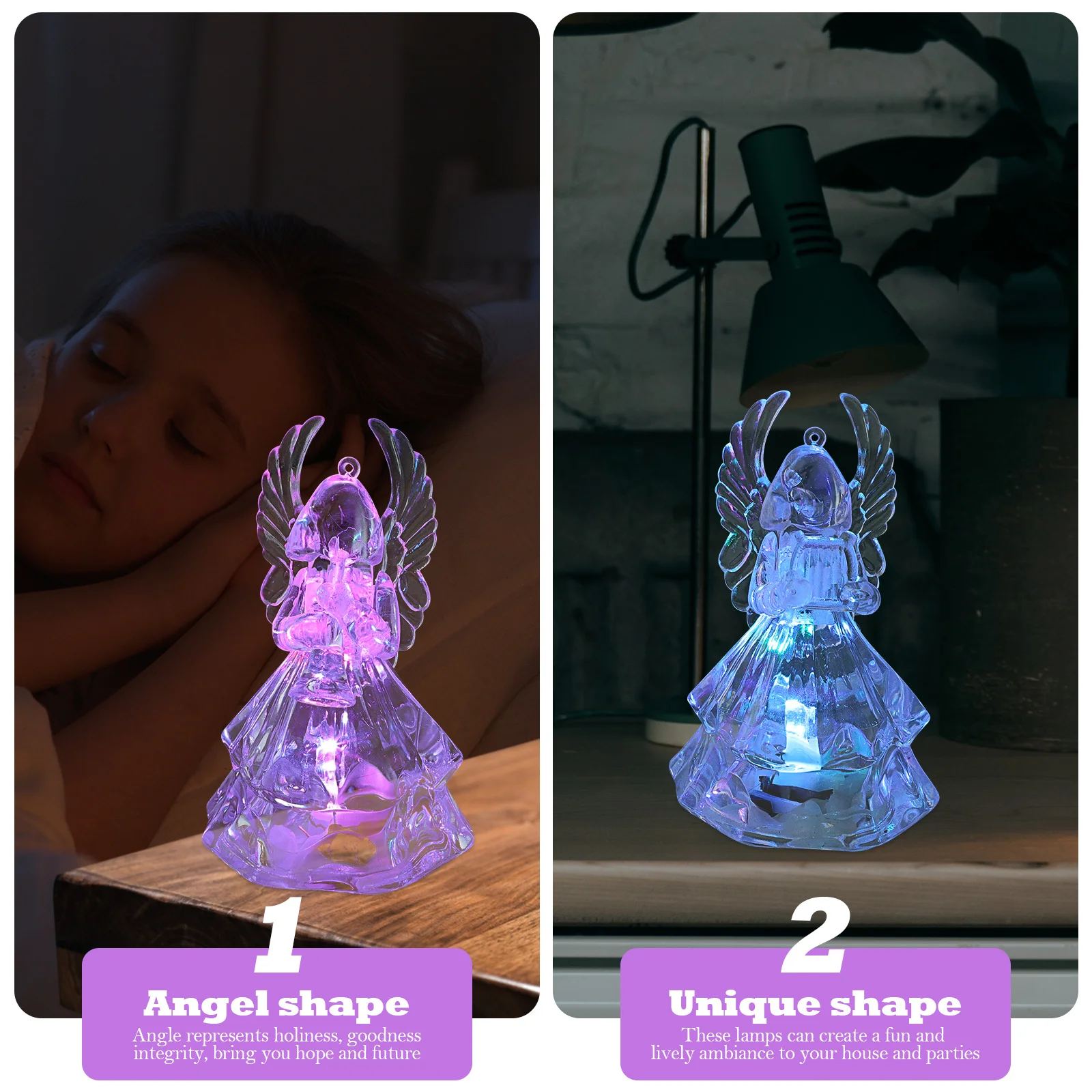 2 szt. Akrylowe lampki LED w kształcie anioła, piękne lampki nocne na stół lub biurko, idealne na imprezy i prezenty, kolorowe lampki LED