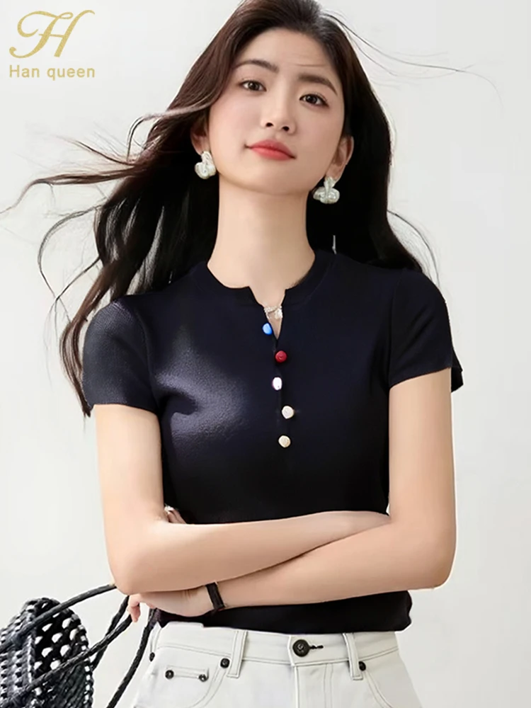 

H Han Queen New Summer Women's Sweaters Vintage knitwear Work Casual Tops Short Sleeve Pullover Elegant Simple Woman Clothing