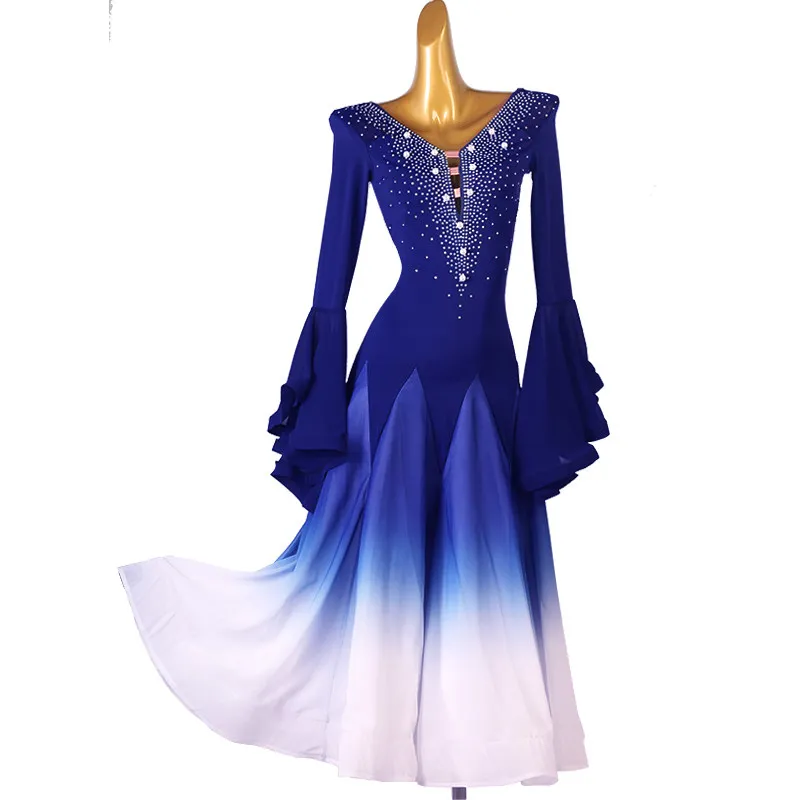 V-neck flare long sleeve gradient skirt rhinestone slim modern dance dress waist cinching big swing ballroom long dress for prof