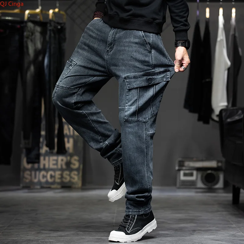 Spring Men's Blue-Black Jeans, Pocket/Patchwork Decorative Stretch Denim Pants, Asian Sizes Trousers 28-34 36 38 40 42 44.