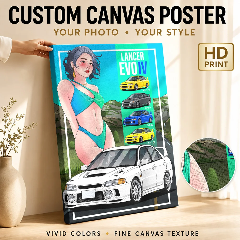 Japanese Lancer Evolution IV White Sports Sedan Canvas Print Posters 3D Wall Decor With Customized Photo For Lounge Ideal Gift