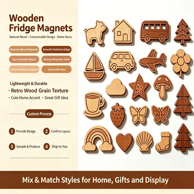 Custom 3D Wooden Fridge Magnets Low MOQ Personalized Carved Wood Souvenir Refrigerator Magnet New Design Mini Fridge Magnet