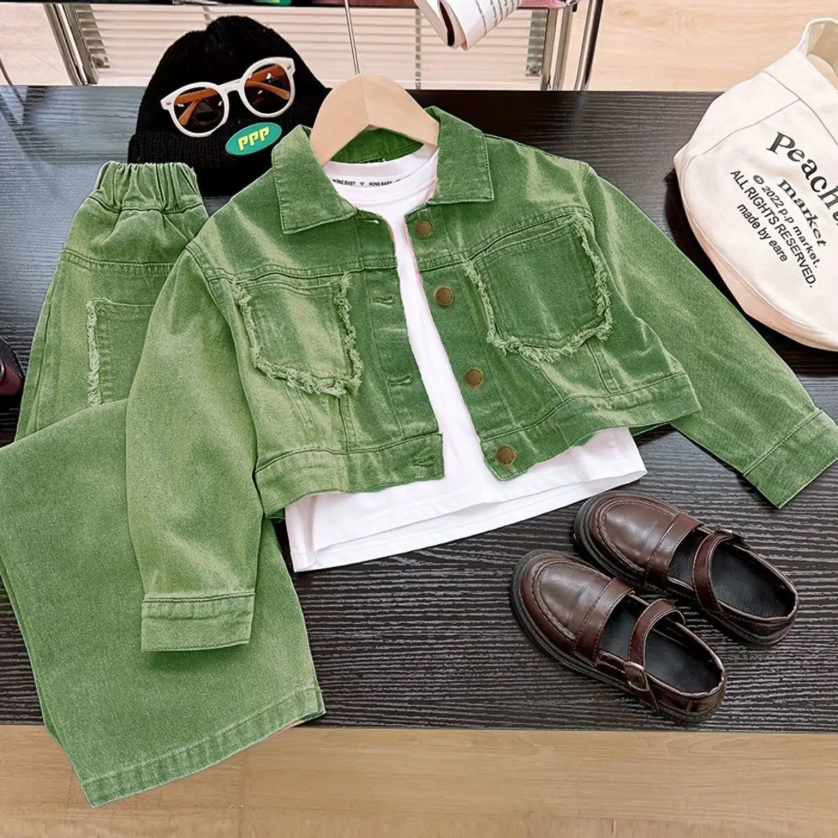 Girls Set Spring and Autumn New Style Children's Fashion Denim Coat+Wide Leg Pants Two Piece Set