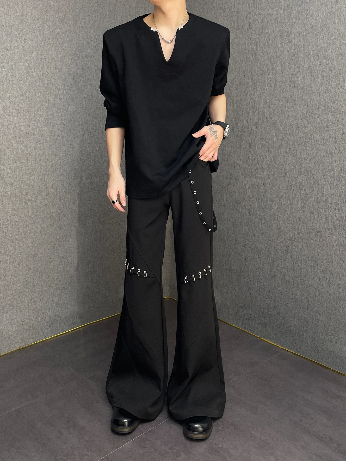 

High Waist Men's Casual Pants Deconstructed Metal Design Sensation Wide Leg Patchwork Belted Faion Urban Sle Summer Wear