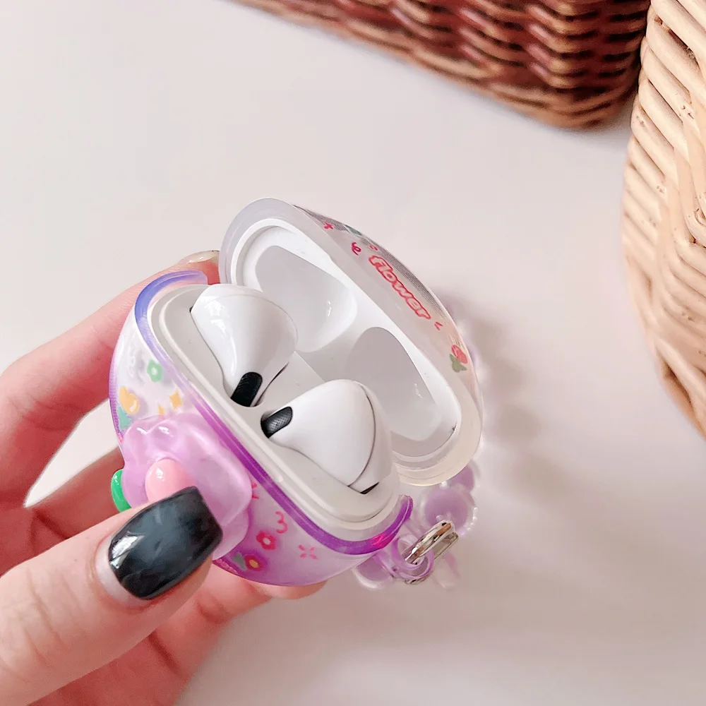 3D Flower Gradient Color Earphone Case For Lenovo HT38 Colorful Floral Girls Cover LivePods HT38 TWS Wireless Box With Keychain