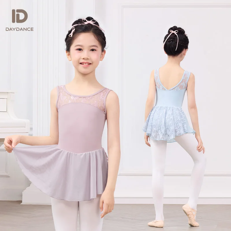 Girls' Sleeveless Ballet Dance Dress Kids Summer Lace Patchwork Practice Tutu Skirt