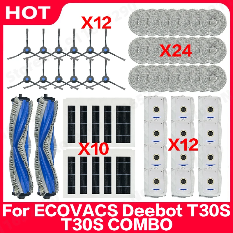 

For ECOVACS Deebot T30S T30S COMBO Spare Parts Main Side Brush Filter Mop Cloths Dust Bags Accessories