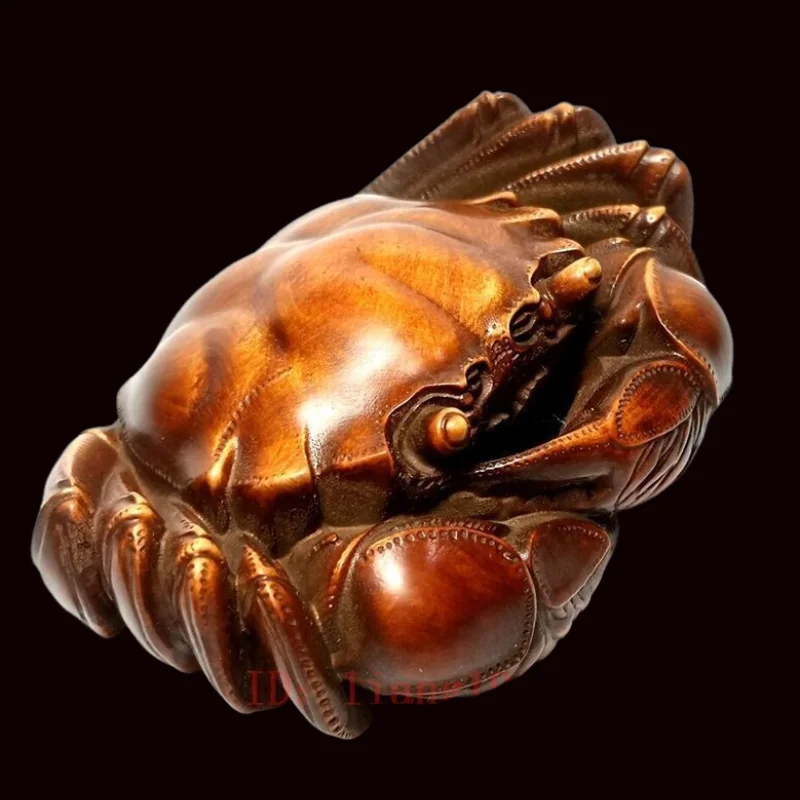 Boxwood Hand Carved Wealth Crab Figurine Vintage Wooden Animal Statue Netsuke Desktop Collectible Ornament