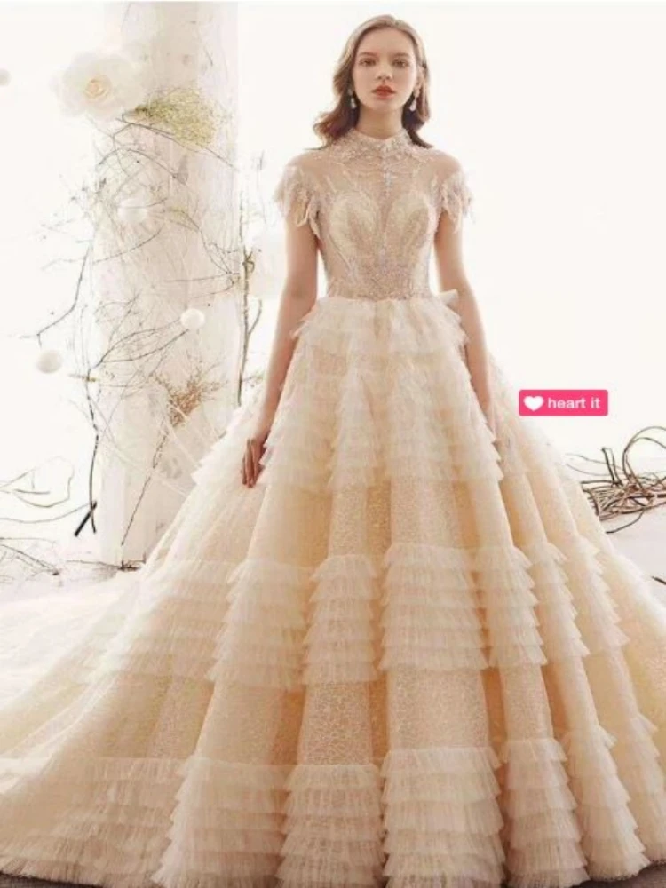 

Princess Unique High Neck Wedding Dresses Short Sleeves Lace Tulle Wedding Gown