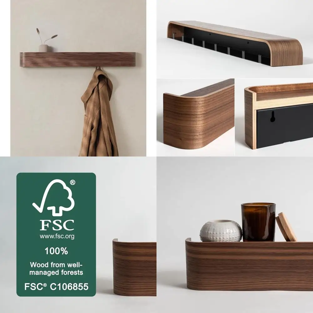 

Современная настенная вешалка для одежды со скрытыми крючками — вешалка для панели из шпона из массива дерева с отделкой из орехового дерева