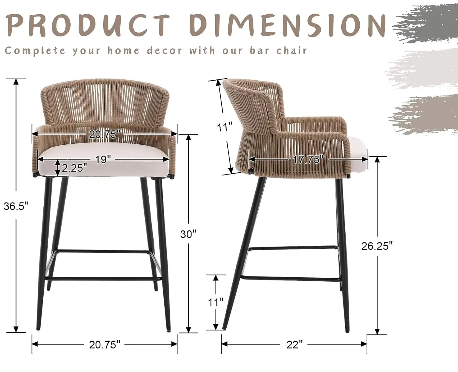Woven Counter Stools Set of 2 Beige Linen 26 Inch Farmhouse Barstools with Wicker Back Upholstered CCustomized