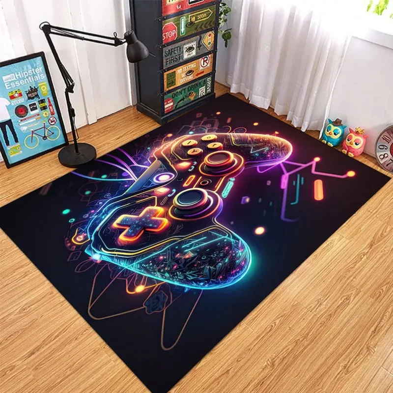 Neon Glow Game Controller Area Rug Colorful Gaming Joystick Print Non Slip Floor Carpet for Game Room Home Decor