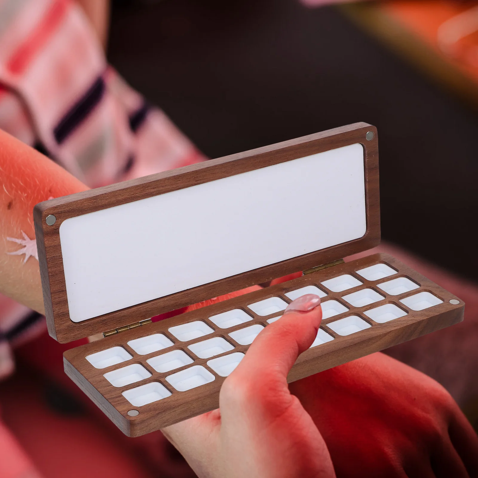 لوحة ألوان مائية من الخشب الصلب فارغة 24 شبكة محمولة مزيج غطاء صينية السفر صندوق طلاء بالألوان المائية رسم خارجي #3