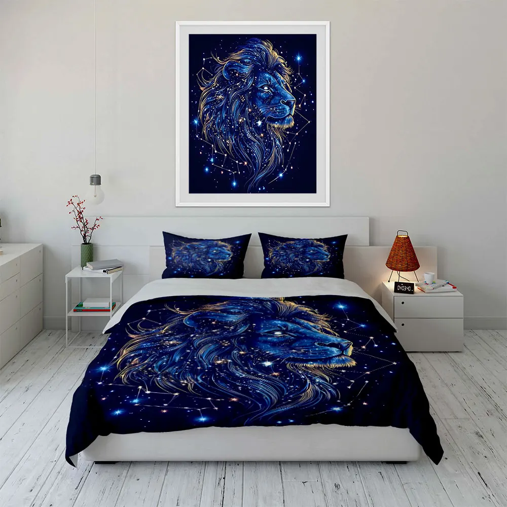 Blue lion in starry sky Bedding Set for Kids Luxury Gift 3pcs Digital Print Comforter Set Soft Comfortable Breathable