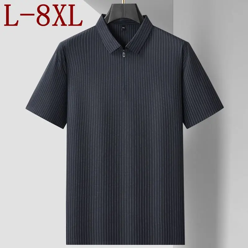 

Мужская поло-рубашка с молнией и отложным воротником, 8XL, 7XL, 6XL, новая коллекция 2026 года, летняя, премиум-класса, в полоску, приятная к телу, прохладная, для мужчин