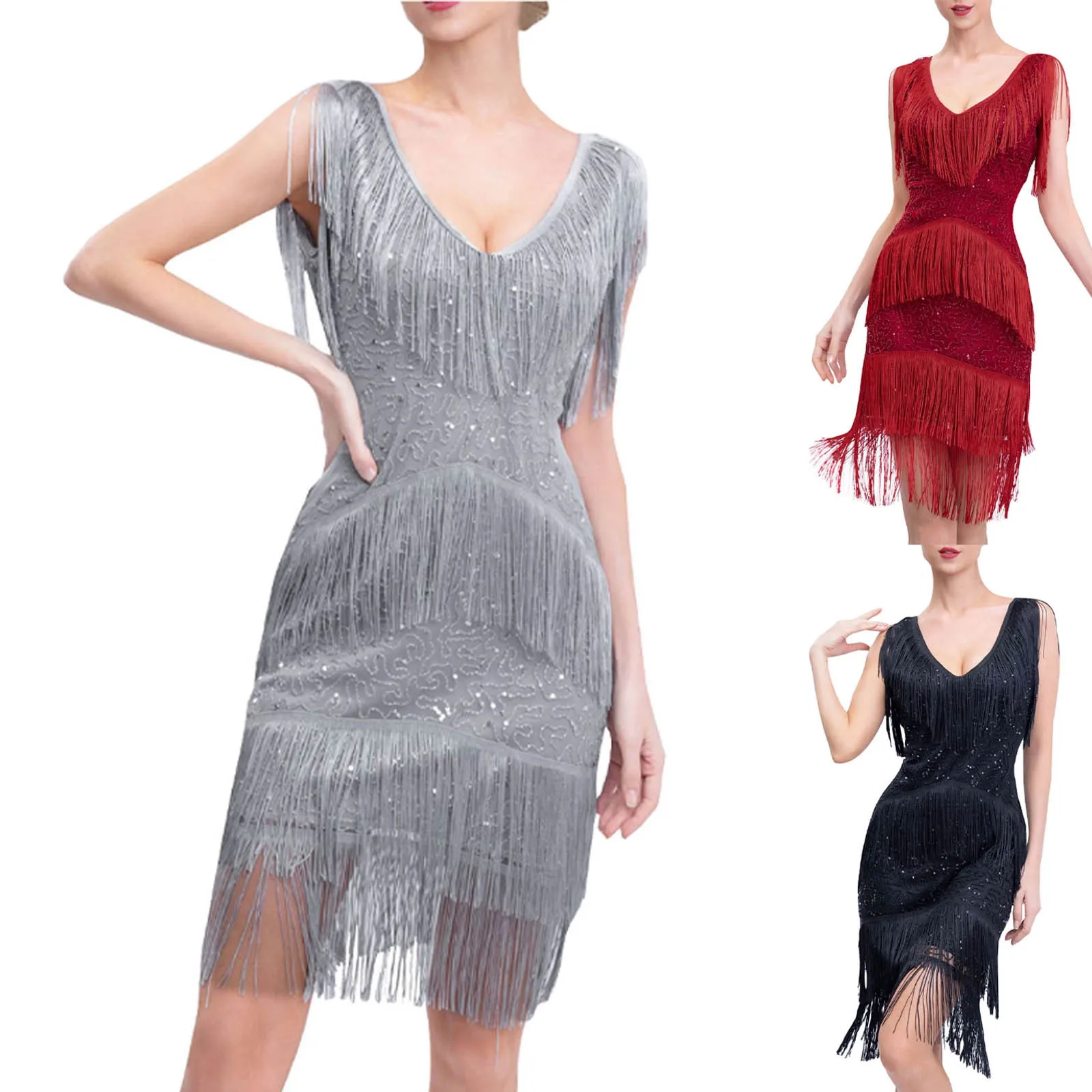 Women's Flapper Dresses 1920s Sequins Art Deco Gatsby Cocktail Dress with Sleeve Sexy V-neck Fringe Fancy Dress Vestidos