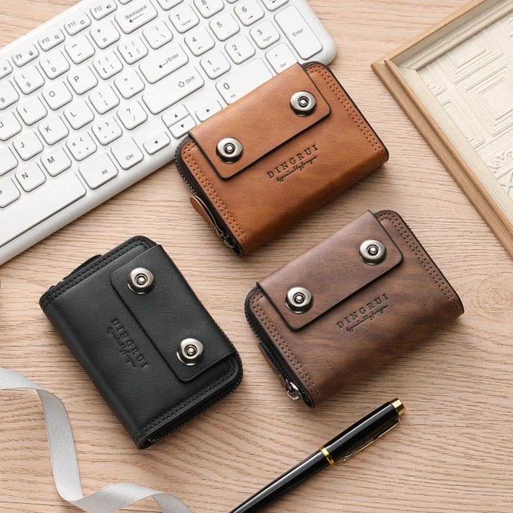 Retro PU Leather Card Holder for Men Portable Large Capacity Men's Wallet Double Buckle Short Coin Purse