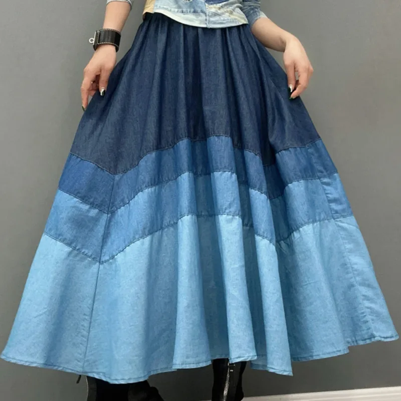 Vefadisa 2024 Summer New Blue Patchwork Women Denim Skirt Large hem A-line Long Women Half length skirt HLX065