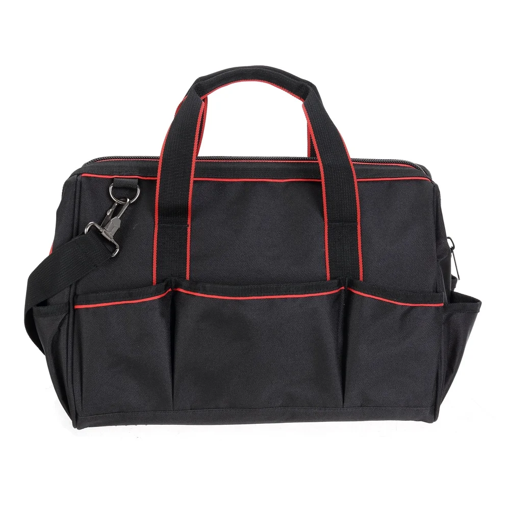 حقيبة أدوات متينة مقاس 15 بوصة مع 8 جيوب داخلية بتصميم فم كبير وحزام كتف قابل للتعديل وسهل النقل