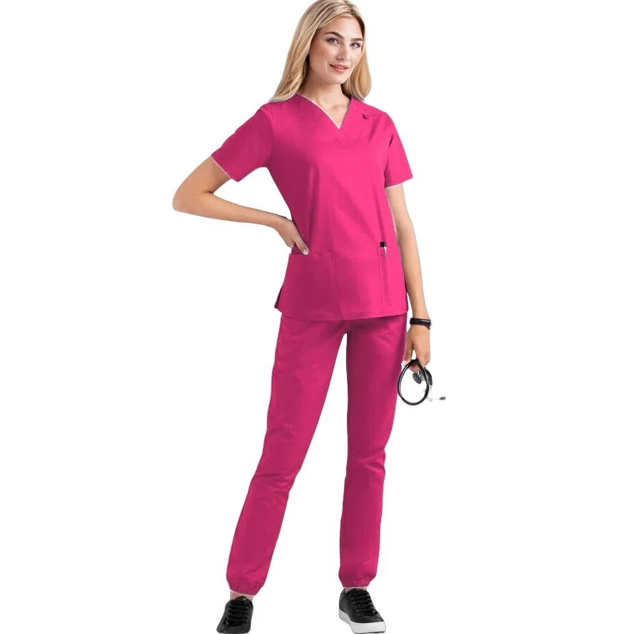 

2023 New Solid Color Pocket V-Neck Work Nursing Uniform Two-Piece Set Women's Short Sleeved Shirt