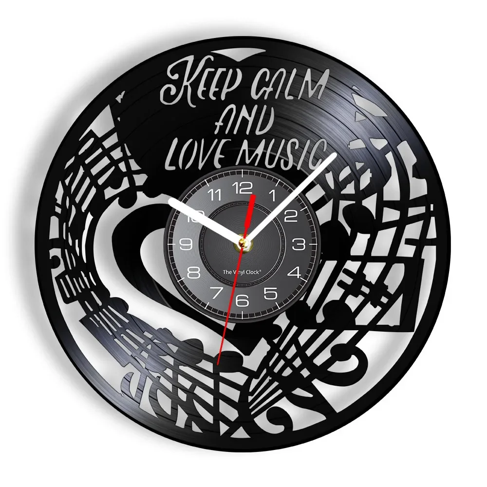 Keep Calm and Love Music Inspirational Wall Clock Music Note Treble Bass Clef Vinyl Record Wall Clock Music Studio Clock Watch