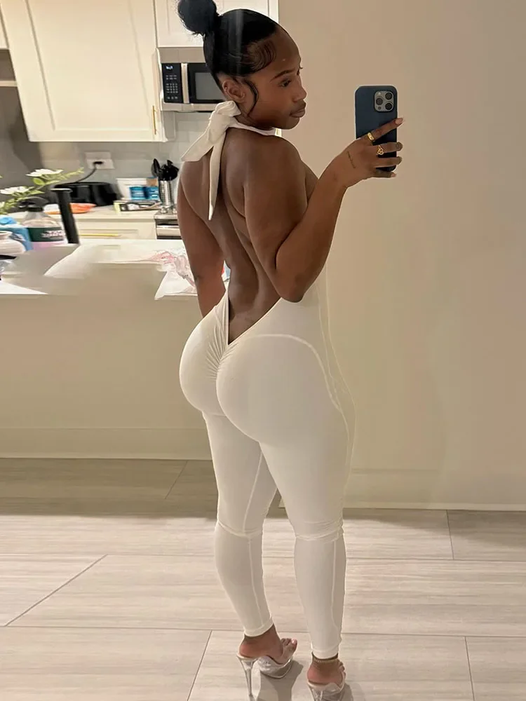 

Sexy Backless Jumpsuits Woman Bandage Halter Turtleneck Sleeveless Skinny Peach Hip Hot Girls High Street Fashion Overalls