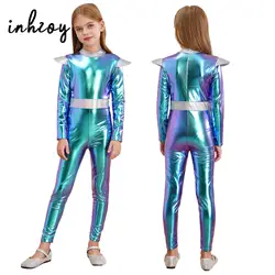 Girls Boys Cosplay Alien Costume Shiny Metallic Full Body Suit Space Astronaut Robot Role Play Jumpsuit Halloween Party Dress Up