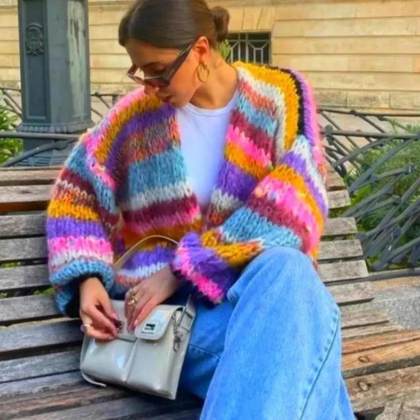 2026 Women's Jackets Women Clothes Jacket Autumn Winter Jacket Long-sleeved Rainbow Handmade Versatile Cardigan Sweater