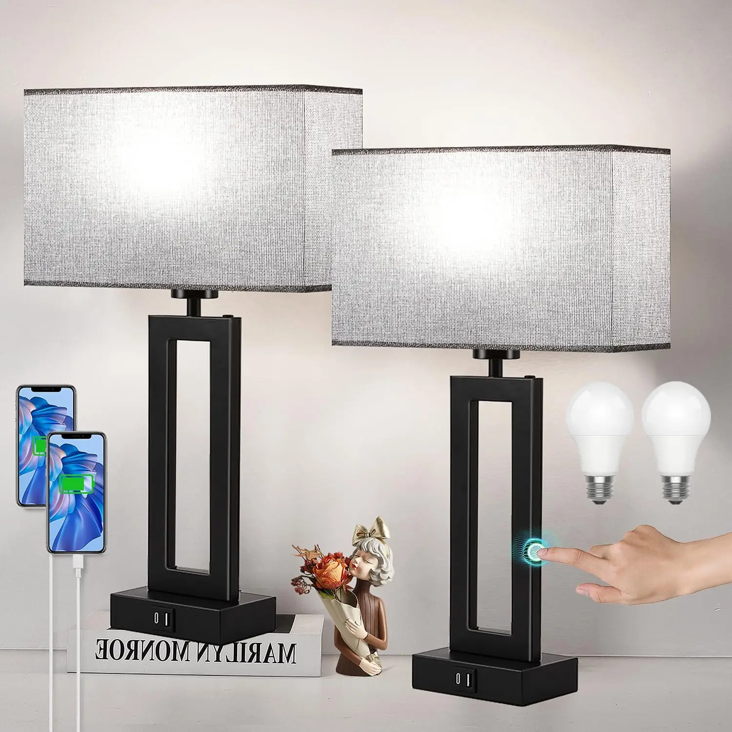 

Touch Control Nightstand Lamps Set of 2 with USB A&C, 3 Way Dimmable for Bedroom Living Room, Gray Black
