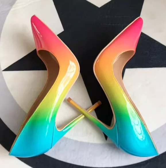 

Новые женские туфли-лодочки из лакированной кожи с радужным эффектом, с цветовыми блоками, на высоком каблуке 12 см, с ультратонким низким вырезом, сексуальные, модные.