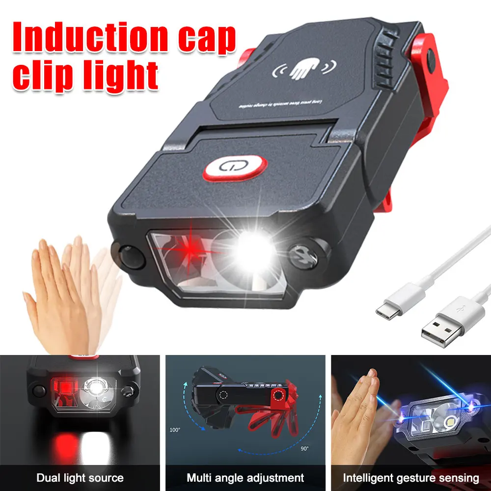 LED Sensor Headlamp Mini Hat Clip Cap Light Fishing Headlight USB Rechargeable Lights Adjustable Angle Cycling Camping Head Lamp