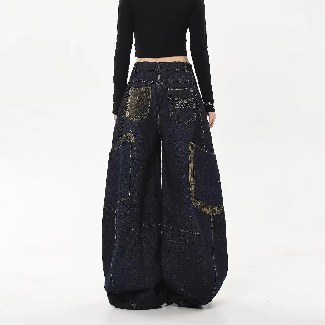 Uniesx Jeans 2025 Autumn Winter New Women Denim Pants Retro Distressed Leopard Panel Wide Leg Barrel Pants Loose Slim Fit