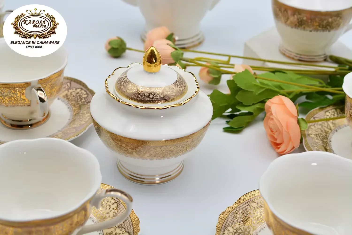 Quick Shipping 24pcs New Fashionable Shape For Bone China Embossed Gold Coffee Tea Cup Set