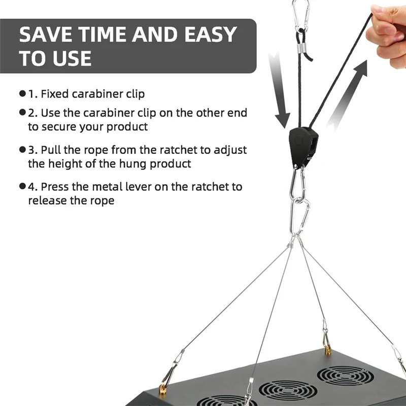 AB45 Pack Of 4 Adjustable Rope Hanger Pull Ratchet Hook, Adjustable Rope Hook, 2M, 1/8 Inch