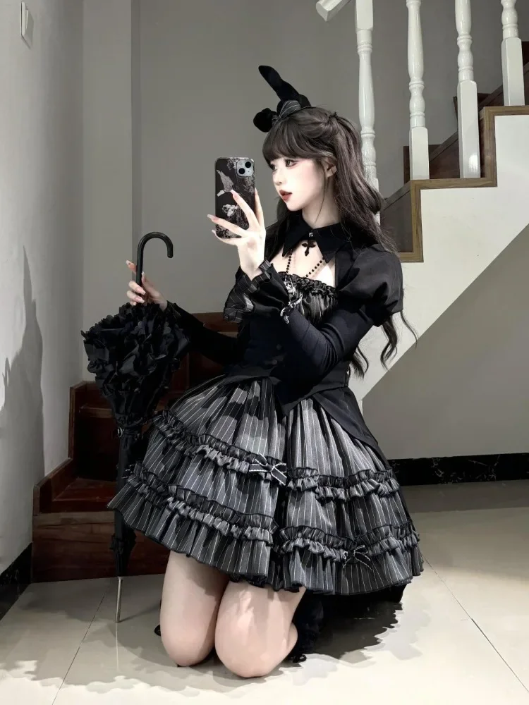 

Harajuku Gothic Vintage Sweet Lolita Dark Top for Women Black Shirts Y2K Aesthetic Striped Cake Skirt 2 Piece Skirt Sets