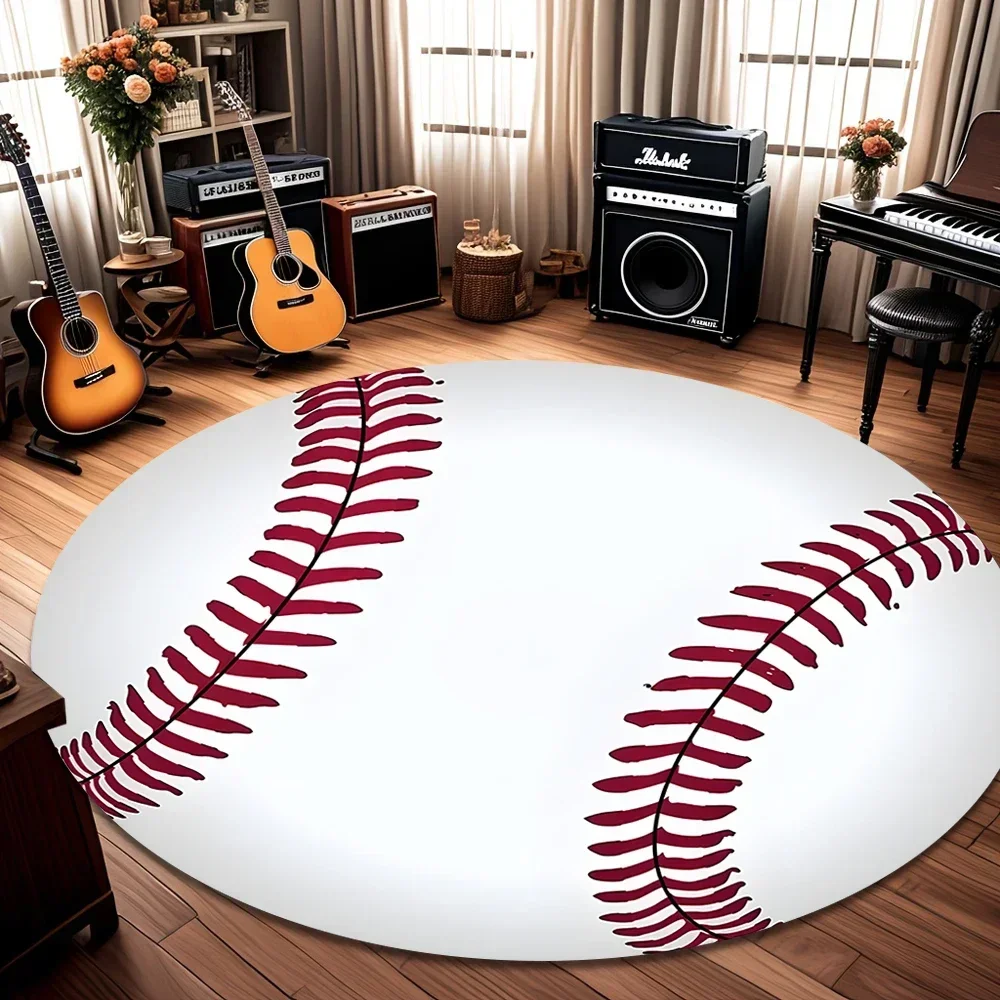 Baseball Round Rug Sports Ball Printed Carpet Living Room Bedroom Soft Chair Mat Non Slip Sports Fan Game Room Decor