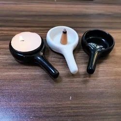 FY Candle Holder Black Ceramic Cone Incense Burner with Handle, White Small Candle Tray for Tea Warmer Accessory