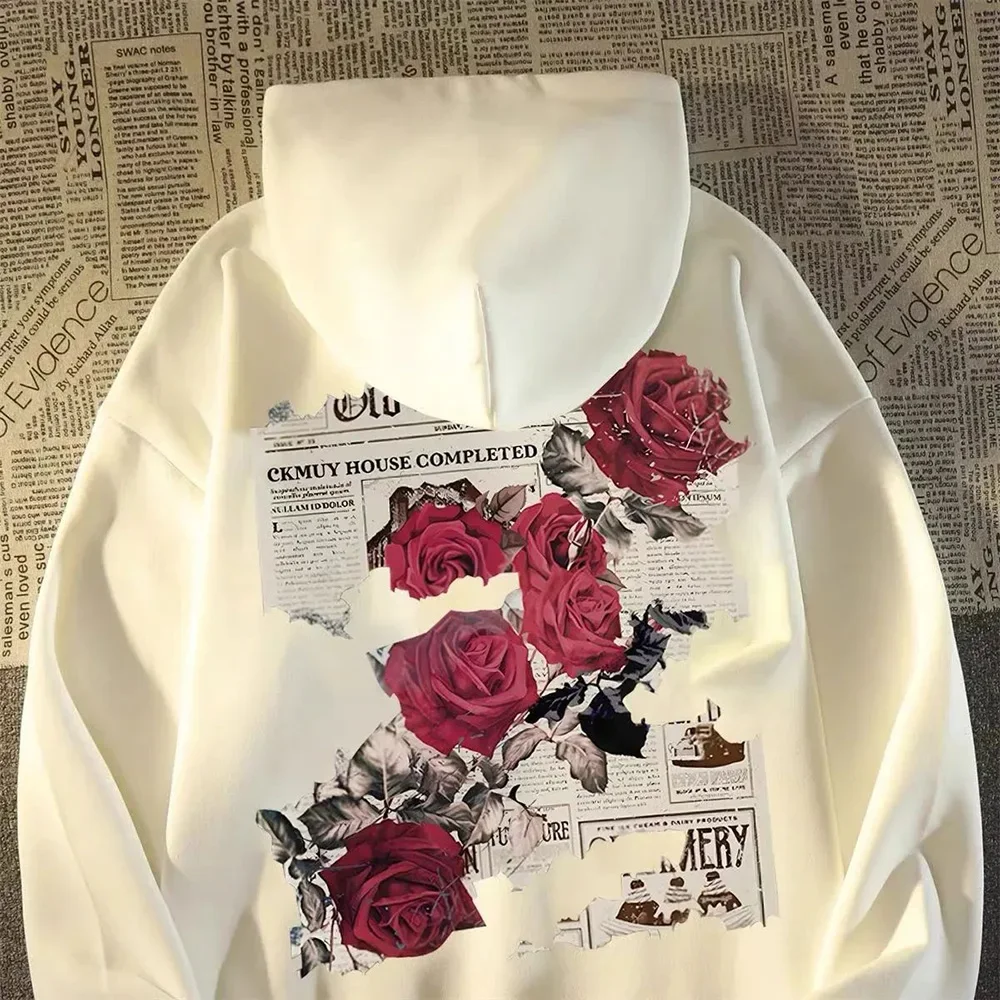 2026Men's graphic bright rose print cotton hooded sweatshirt American style personalized streetwear casual hooded sweatsh