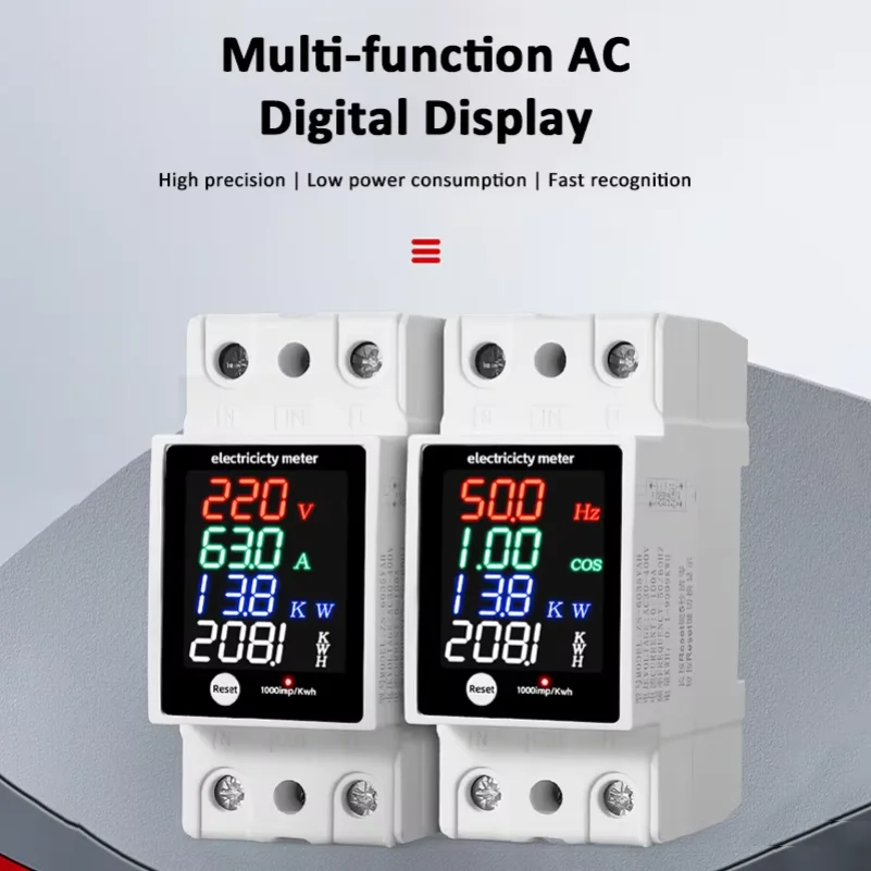Digital Energy Meter Din Rail Electricity Usage Monitor AC30-400V Voltmeter Ammeter Watt Kwh Frequency Power Meter