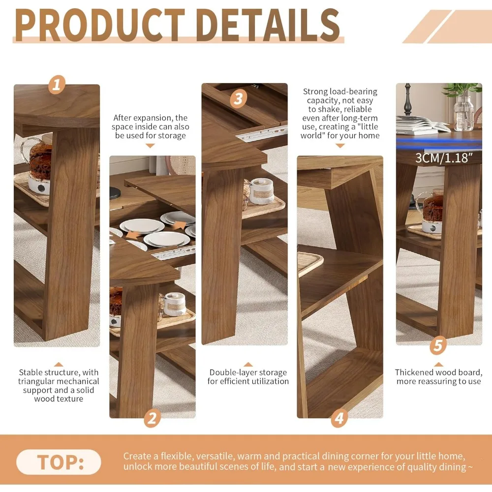 طاولة طعام مستديرة قابلة للتمديد مقاس 43.3 بوصة - 59 بوصة لـ 4-8، طاولة طعام بيضاوية للمطبخ الحديث مع أوراق قابلة للإزالة وقاعدة خشبية للتخزين