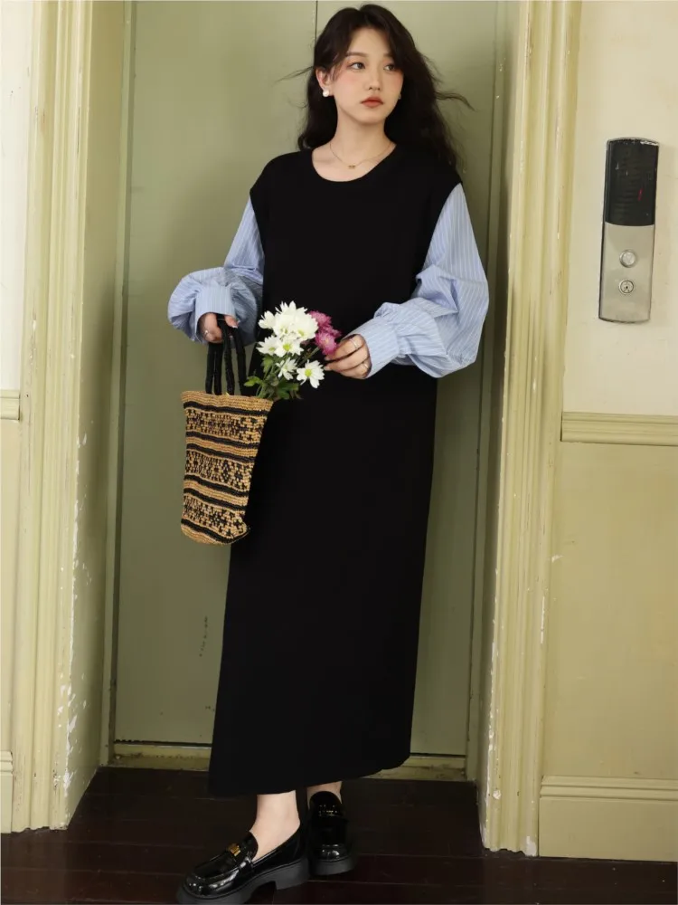 Spring Autumn Fake Two Blouse Loose Dress Women Patchwork Elegant Vintage Ladies Shirts Dresses Vestidos